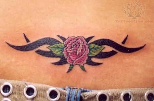 Tribal And Red Rose Tattoo On Lowerback